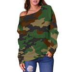 Green And Brown Camouflage Print Off Shoulder Sweatshirt GearFrost