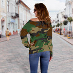 Green And Brown Camouflage Print Off Shoulder Sweatshirt GearFrost