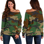 Green And Brown Camouflage Print Off Shoulder Sweatshirt GearFrost