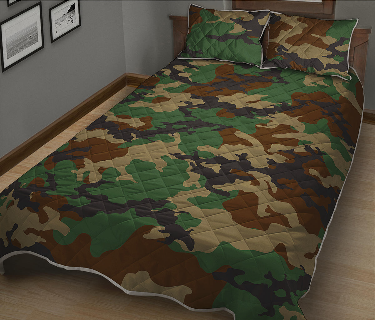 Green And Brown Camouflage Print Quilt Bed Set