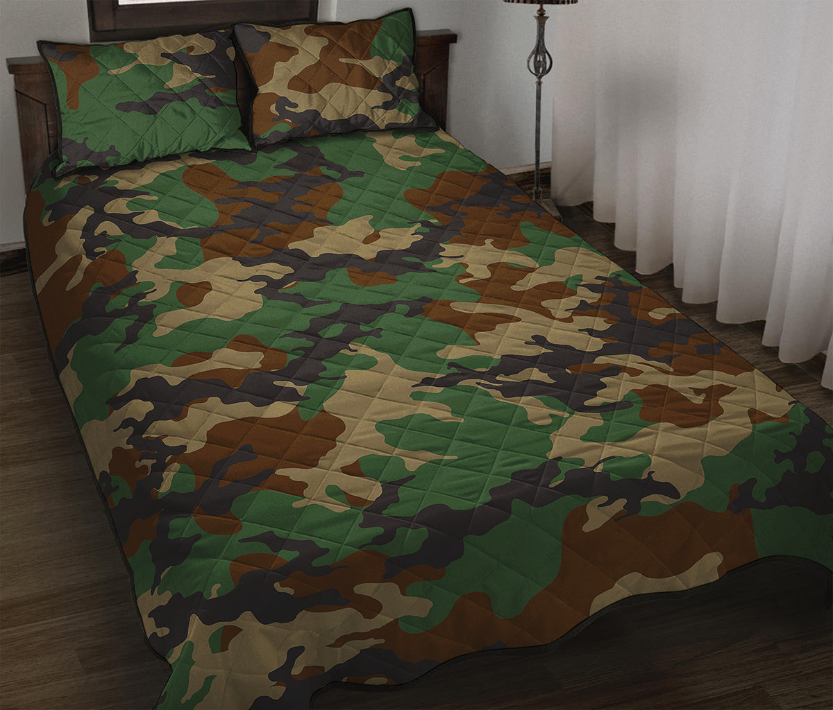 Green And Brown Camouflage Print Quilt Bed Set