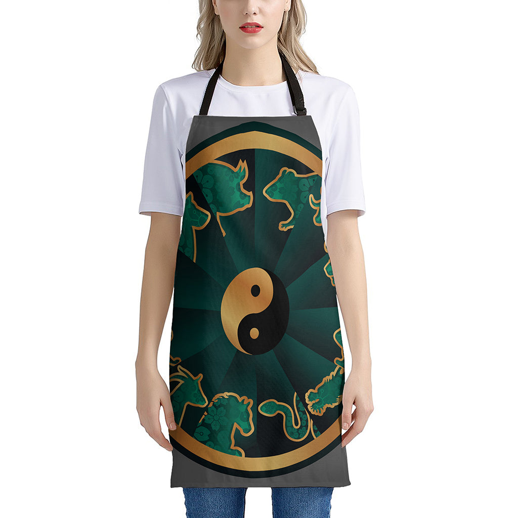 Green And Gold Chinese Zodiac Print Apron