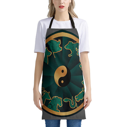 Green And Gold Chinese Zodiac Print Apron