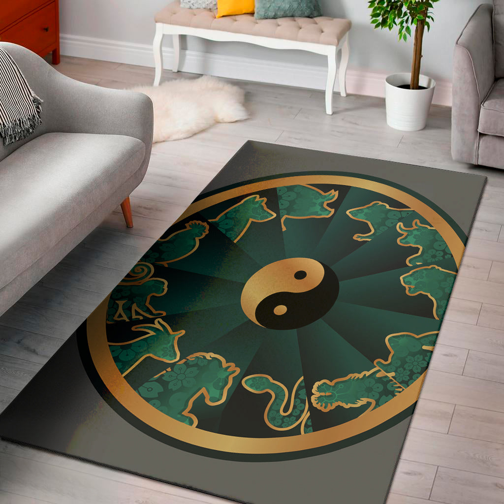 Green And Gold Chinese Zodiac Print Area Rug