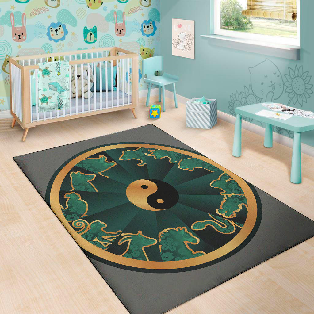 Green And Gold Chinese Zodiac Print Area Rug