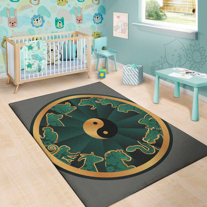 Green And Gold Chinese Zodiac Print Area Rug