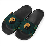 Green And Gold Chinese Zodiac Print Black Slide Sandals
