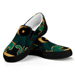 Green And Gold Chinese Zodiac Print Black Slip On Shoes