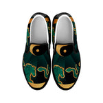 Green And Gold Chinese Zodiac Print Black Slip On Shoes