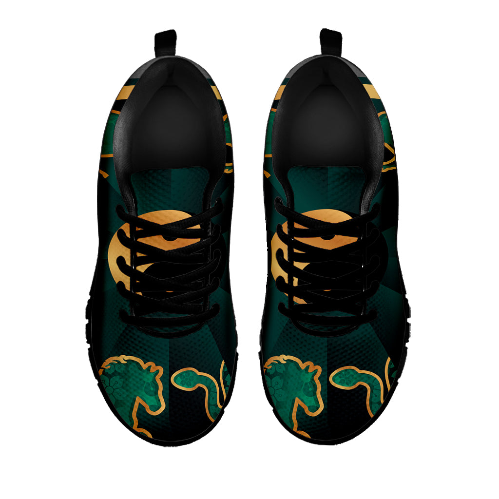 Green And Gold Chinese Zodiac Print Black Sneakers