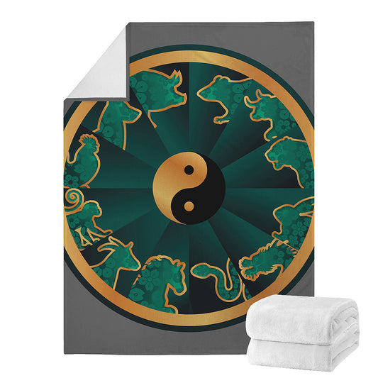Green And Gold Chinese Zodiac Print Blanket