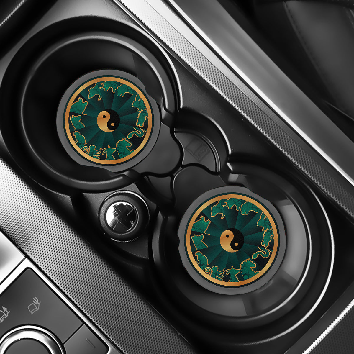 Green And Gold Chinese Zodiac Print Car Coasters