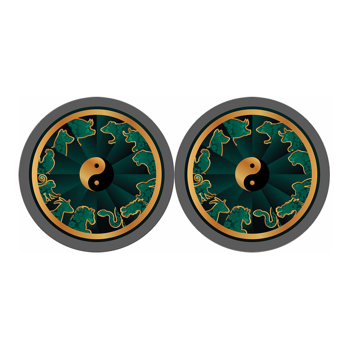 Green And Gold Chinese Zodiac Print Car Coasters