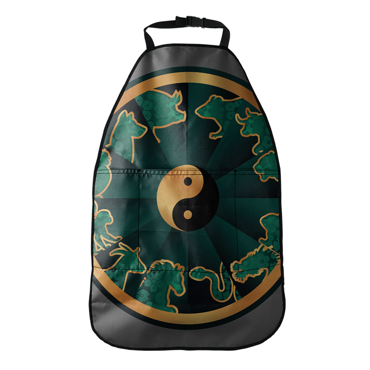 Green And Gold Chinese Zodiac Print Car Seat Organizers