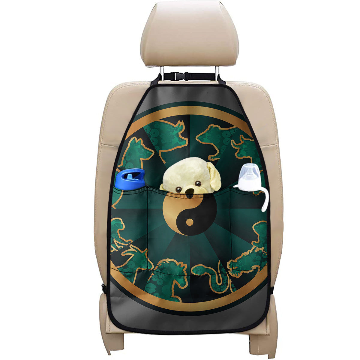 Green And Gold Chinese Zodiac Print Car Seat Organizers