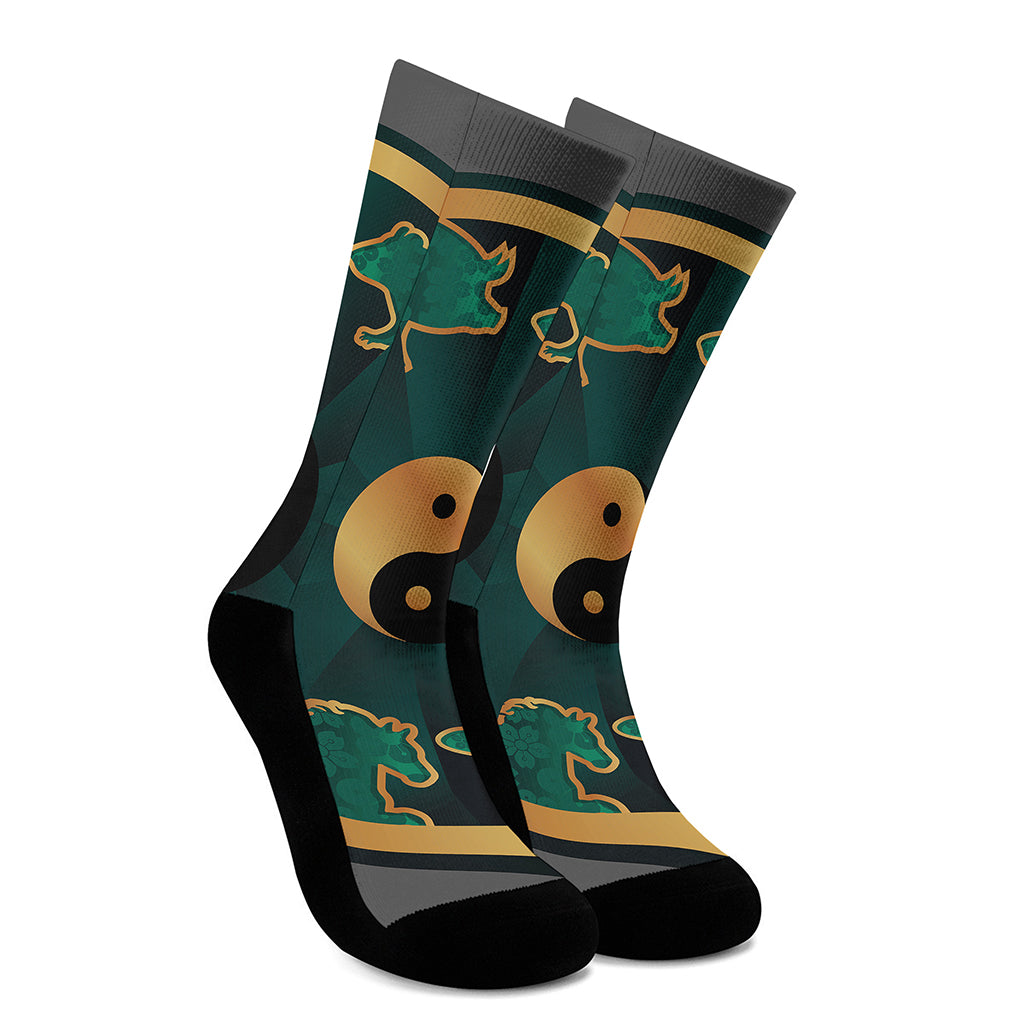 Green And Gold Chinese Zodiac Print Crew Socks