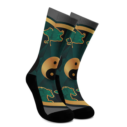Green And Gold Chinese Zodiac Print Crew Socks