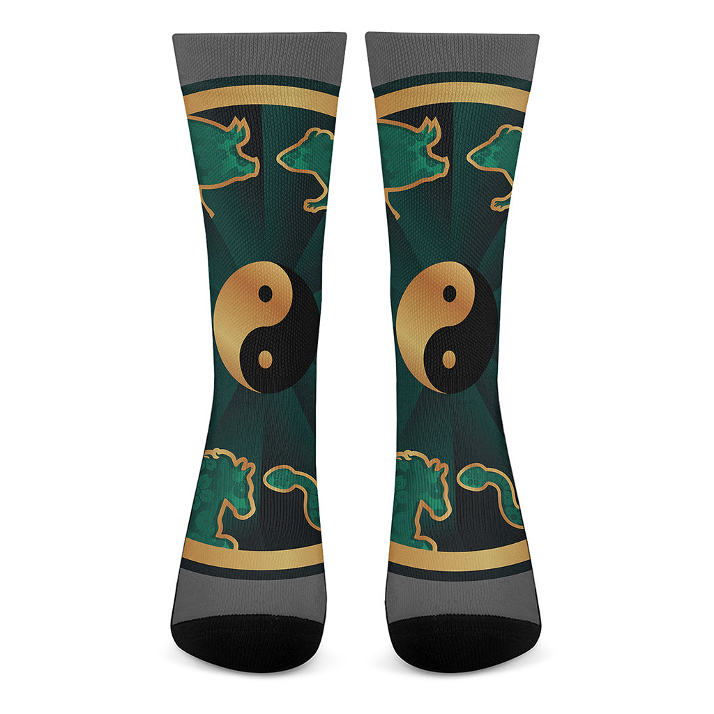 Green And Gold Chinese Zodiac Print Crew Socks