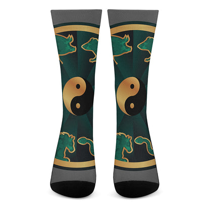 Green And Gold Chinese Zodiac Print Crew Socks