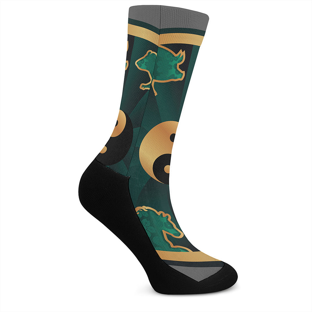 Green And Gold Chinese Zodiac Print Crew Socks
