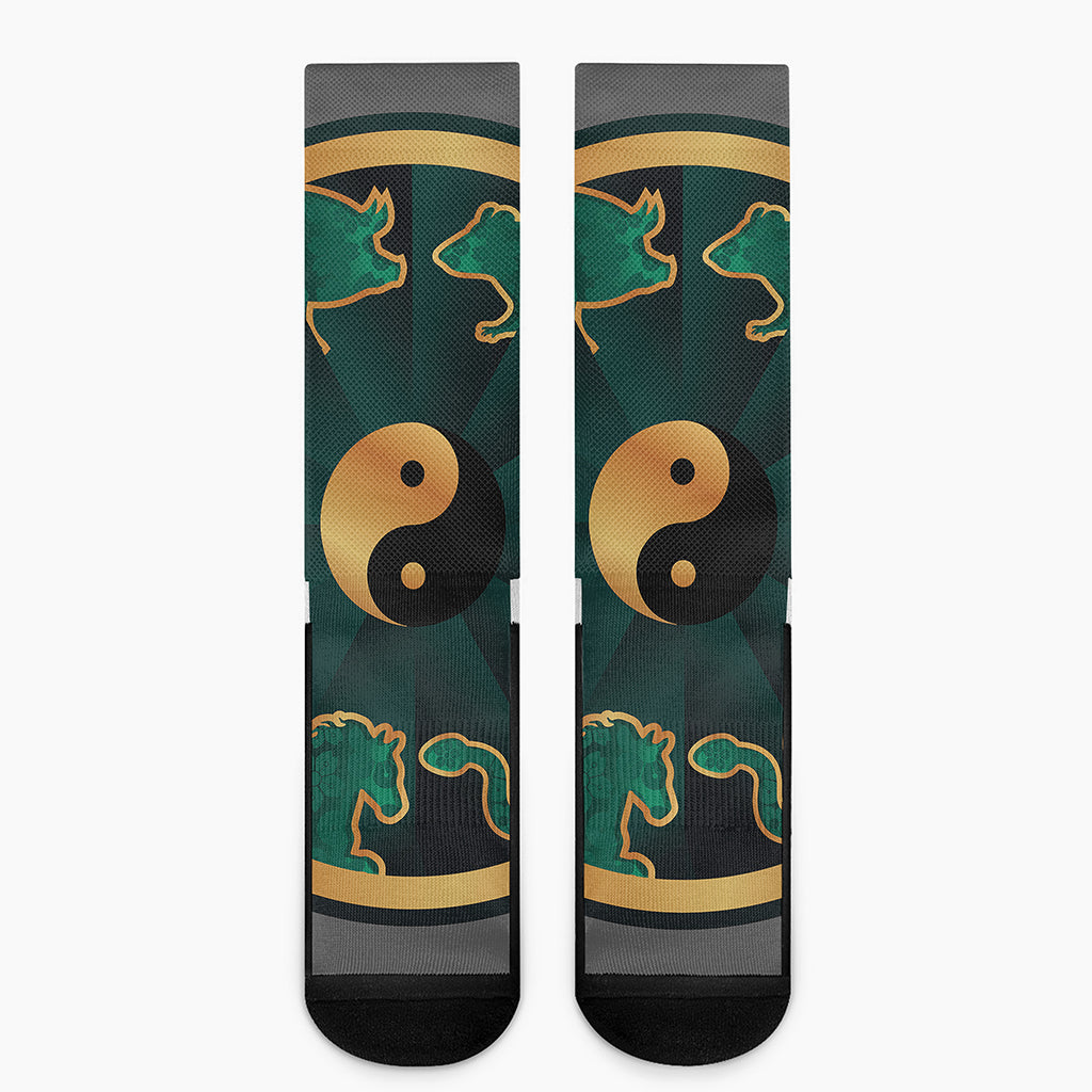 Green And Gold Chinese Zodiac Print Crew Socks