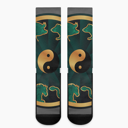 Green And Gold Chinese Zodiac Print Crew Socks