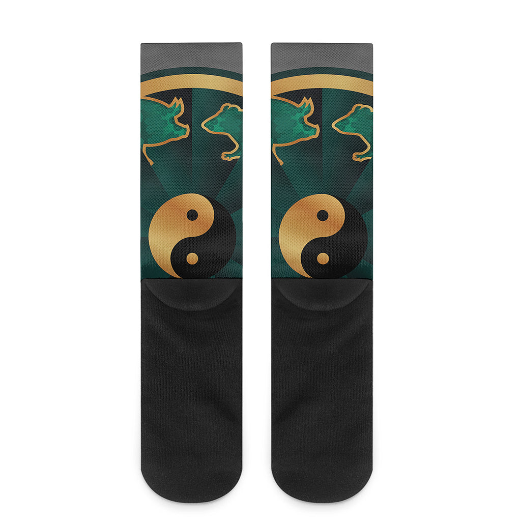 Green And Gold Chinese Zodiac Print Crew Socks