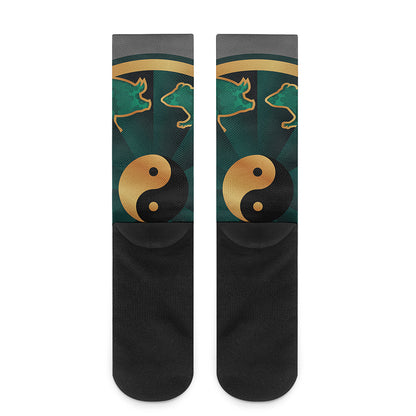 Green And Gold Chinese Zodiac Print Crew Socks
