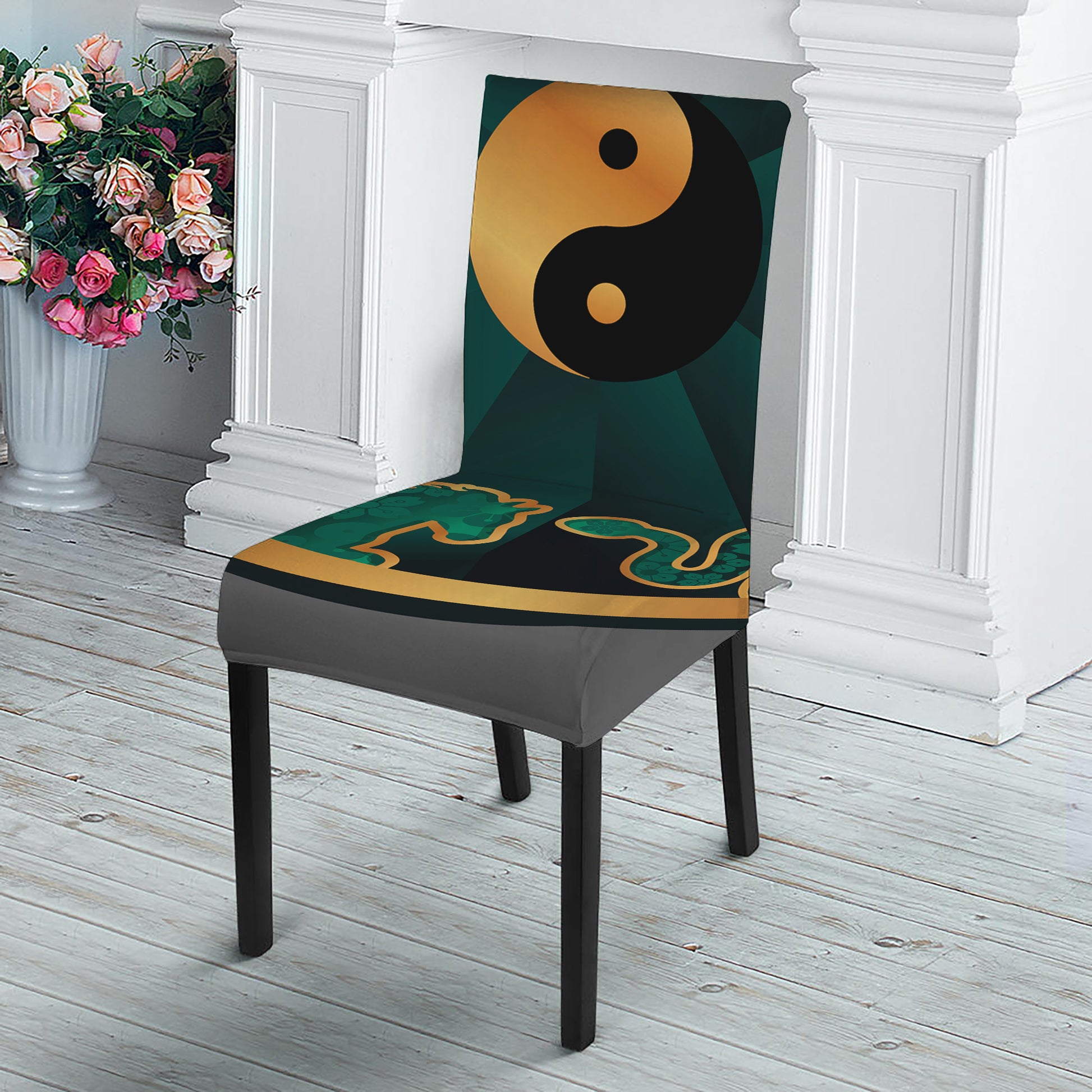 Green And Gold Chinese Zodiac Print Dining Chair Slipcover