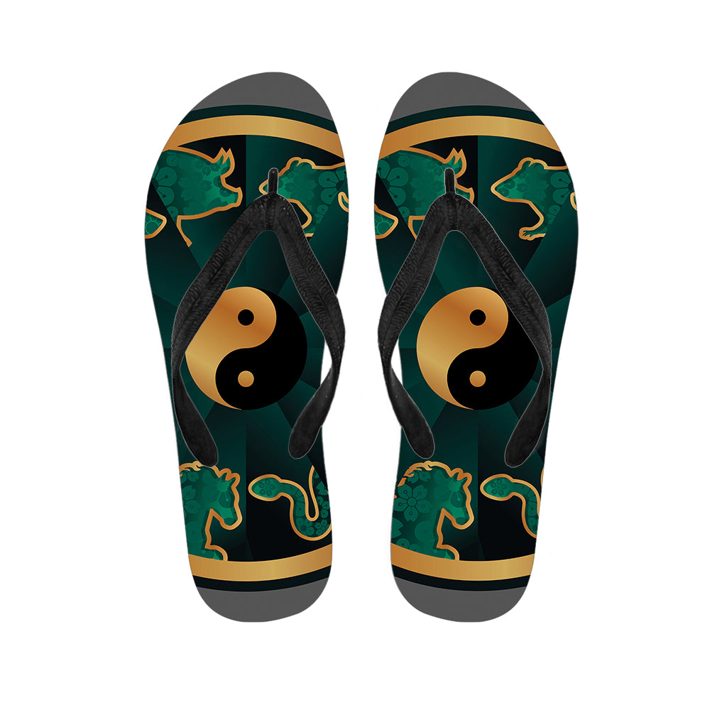 Green And Gold Chinese Zodiac Print Flip Flops