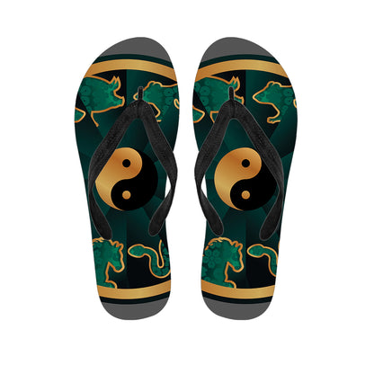 Green And Gold Chinese Zodiac Print Flip Flops