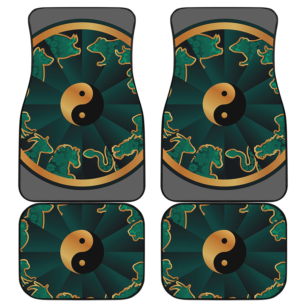 Green And Gold Chinese Zodiac Print Front and Back Car Floor Mats