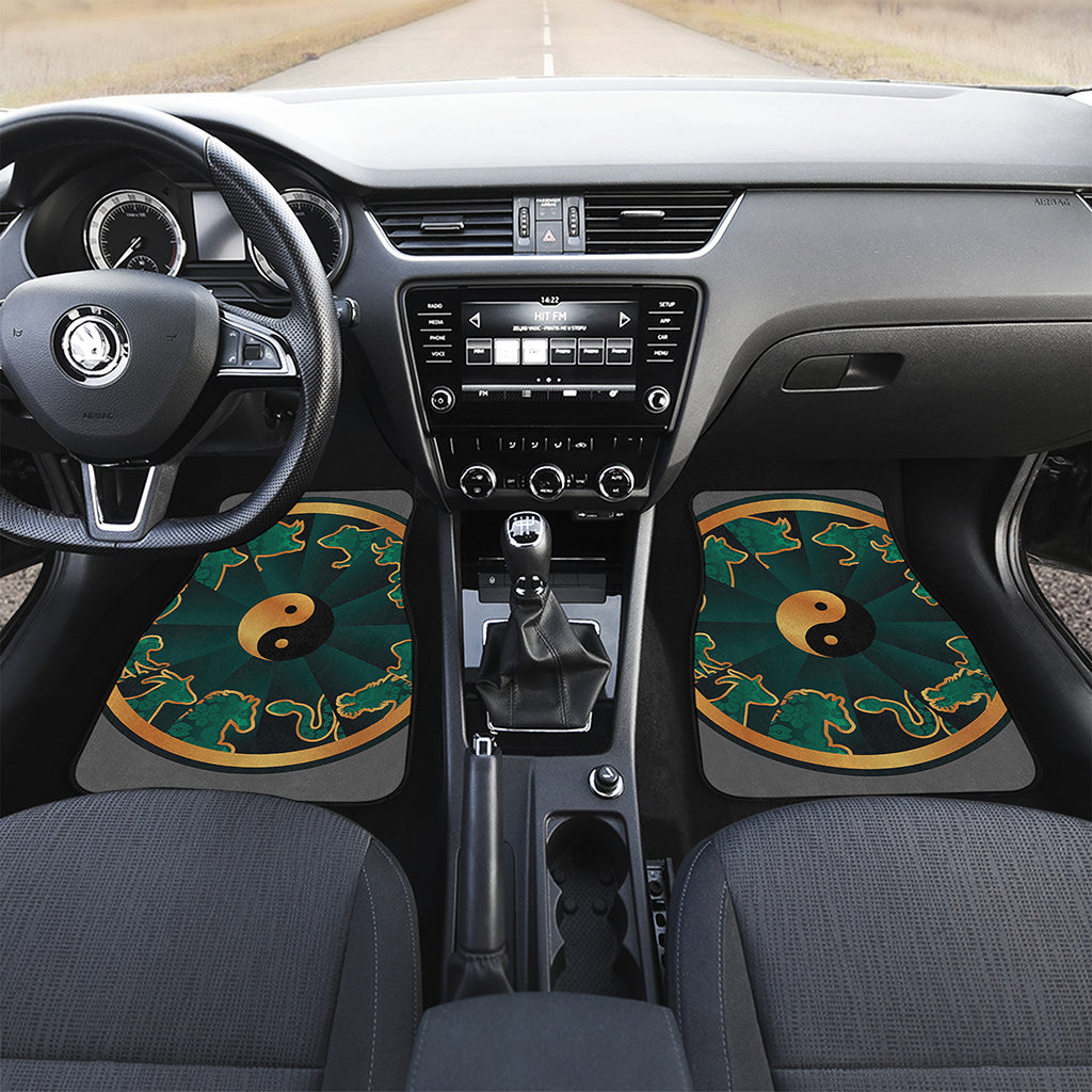 Green And Gold Chinese Zodiac Print Front and Back Car Floor Mats