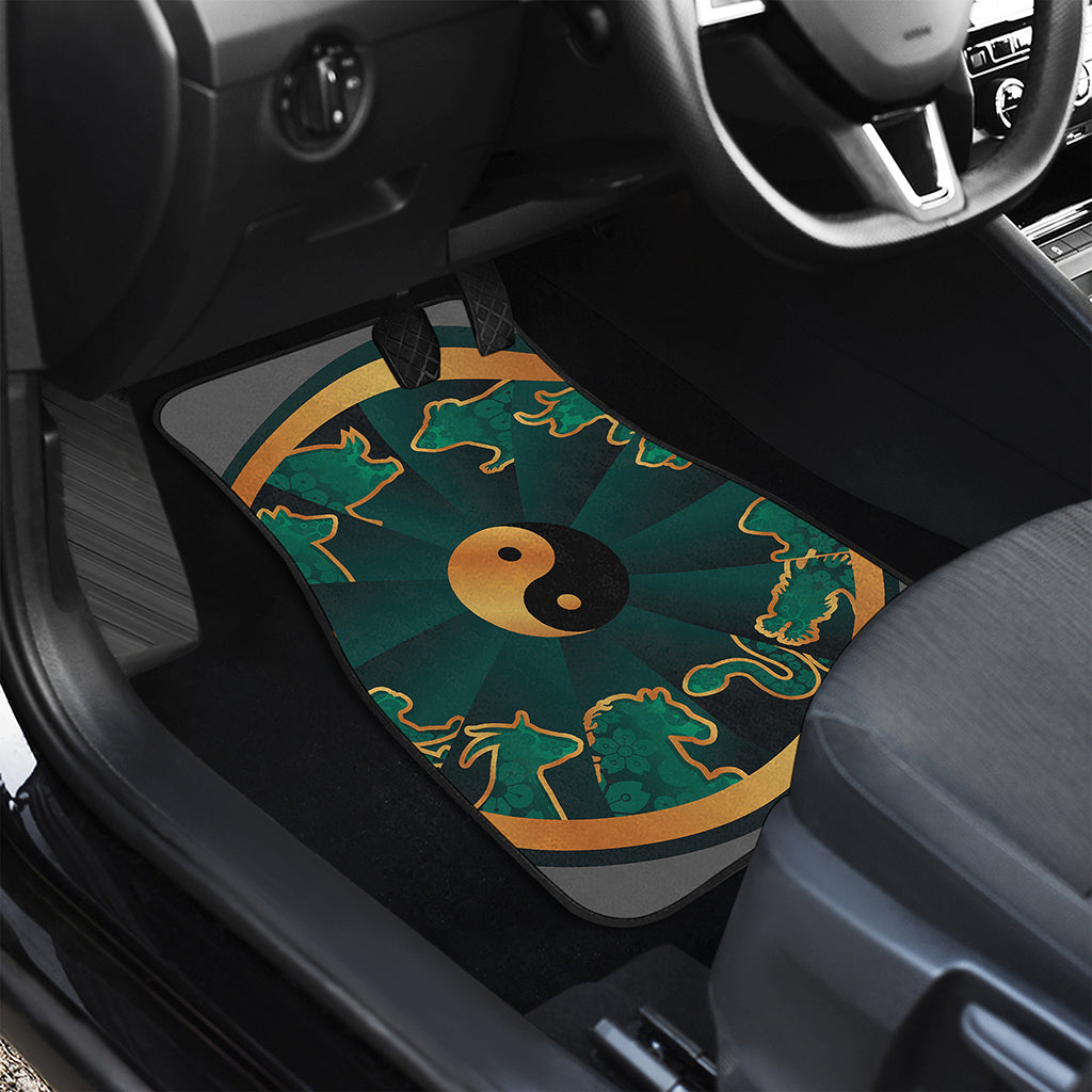 Green And Gold Chinese Zodiac Print Front and Back Car Floor Mats