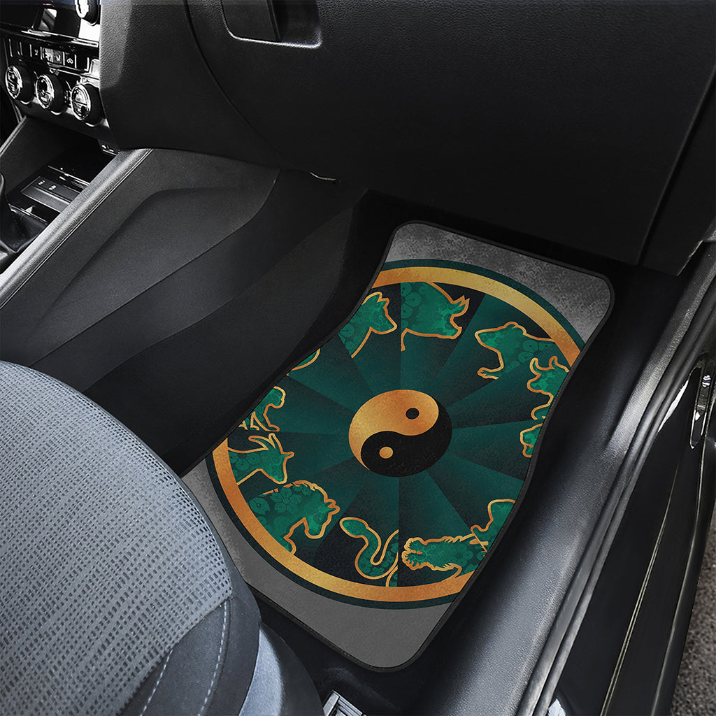 Green And Gold Chinese Zodiac Print Front and Back Car Floor Mats
