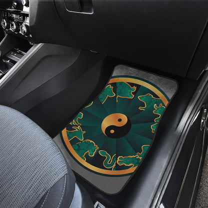 Green And Gold Chinese Zodiac Print Front and Back Car Floor Mats