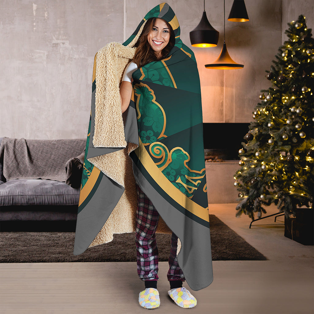 Green And Gold Chinese Zodiac Print Hooded Blanket