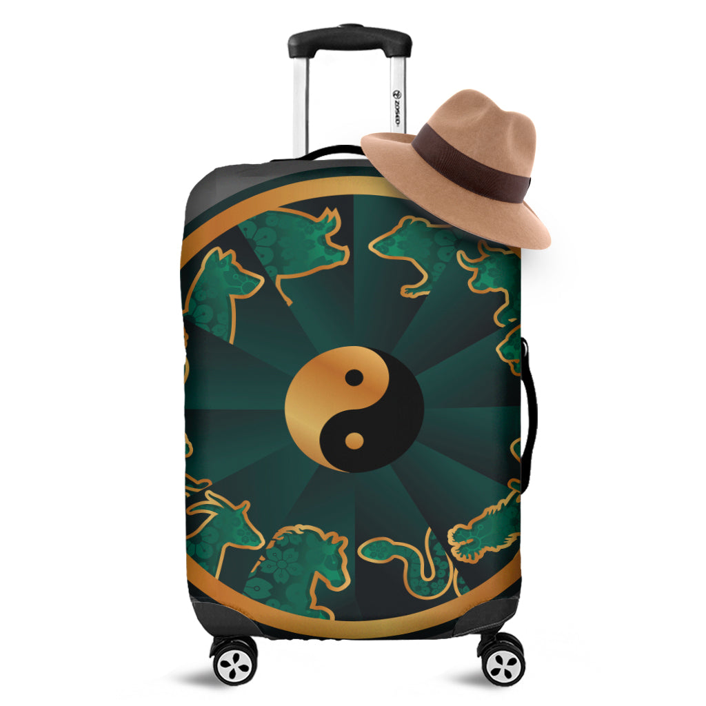 Green And Gold Chinese Zodiac Print Luggage Cover