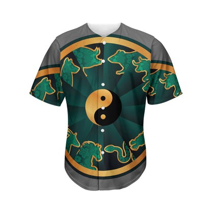 Green And Gold Chinese Zodiac Print Men's Baseball Jersey