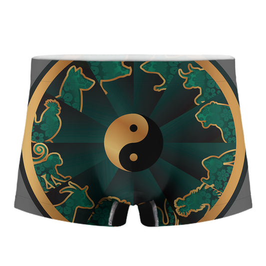 Green And Gold Chinese Zodiac Print Men's Boxer Briefs