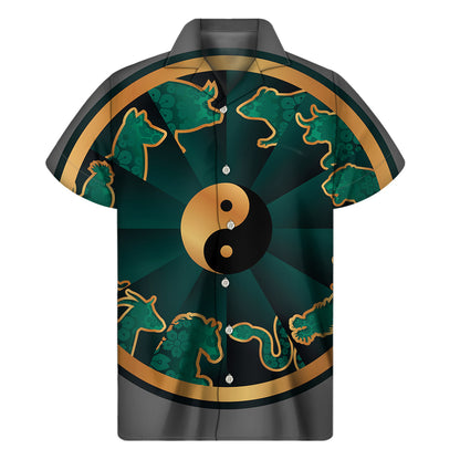 Green And Gold Chinese Zodiac Print Men's Short Sleeve Shirt