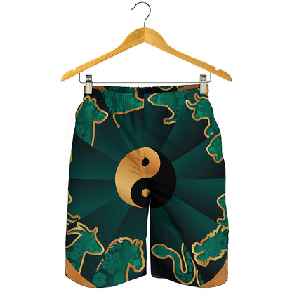 Green And Gold Chinese Zodiac Print Men's Shorts