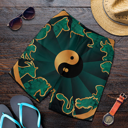 Green And Gold Chinese Zodiac Print Men's Shorts