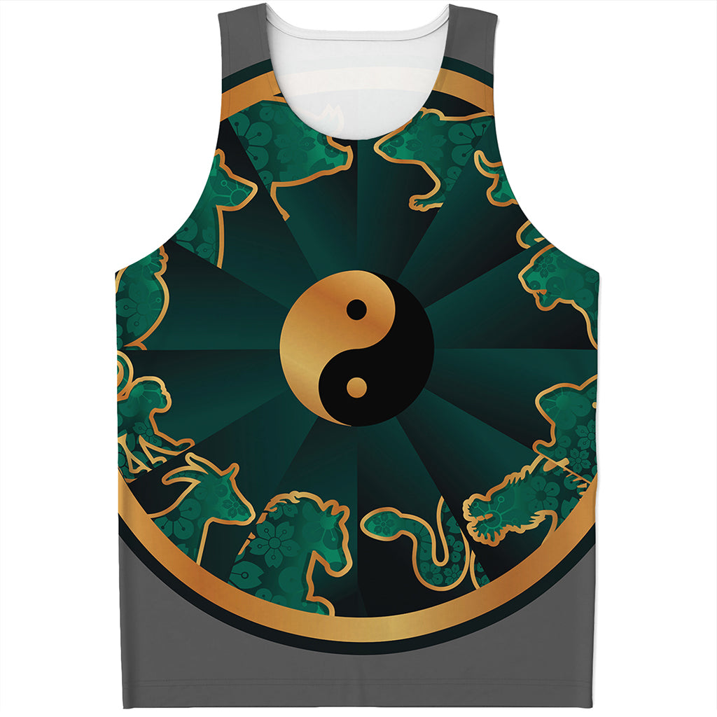 Green And Gold Chinese Zodiac Print Men's Tank Top