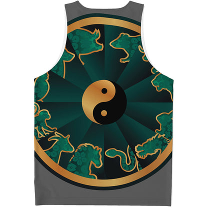 Green And Gold Chinese Zodiac Print Men's Tank Top