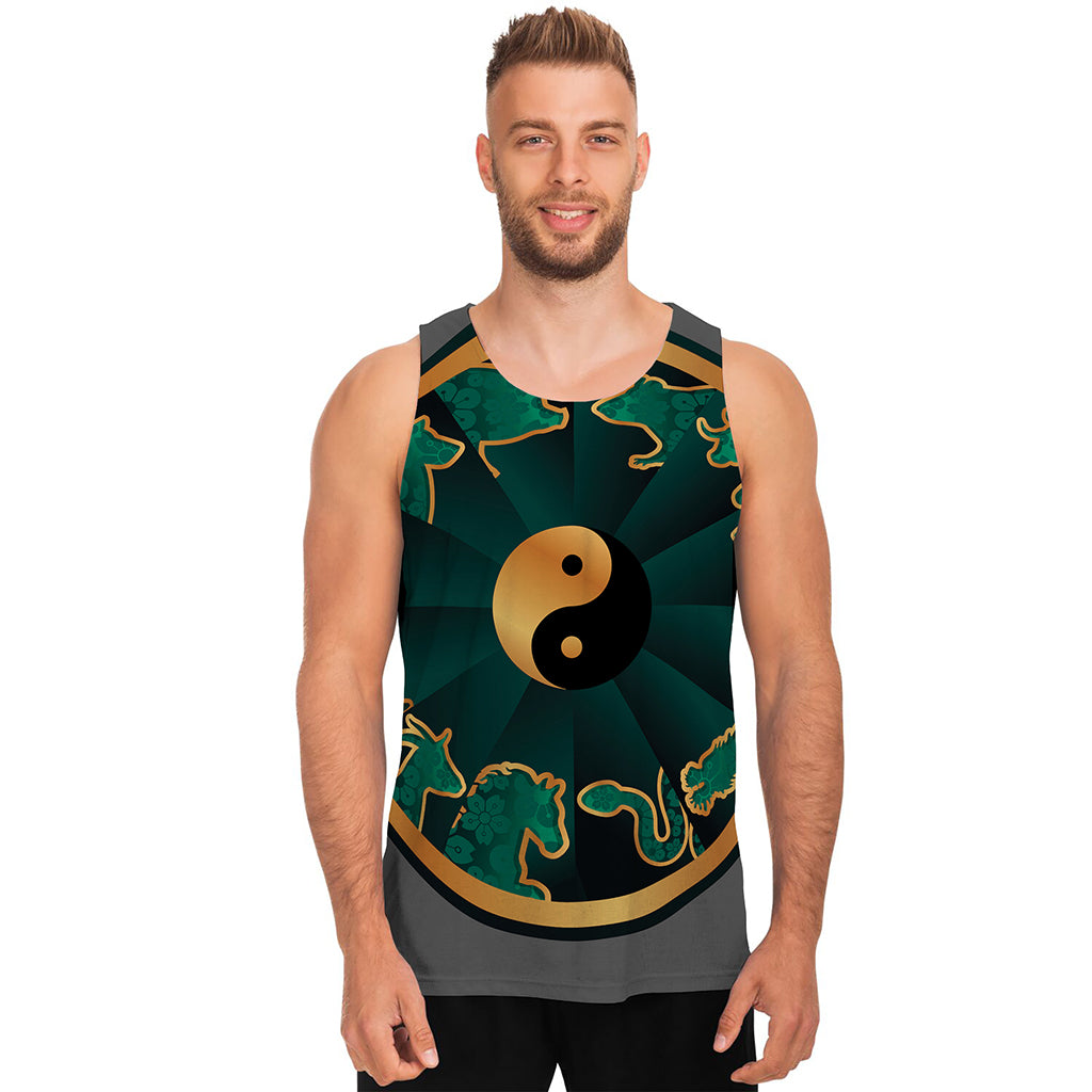 Green And Gold Chinese Zodiac Print Men's Tank Top