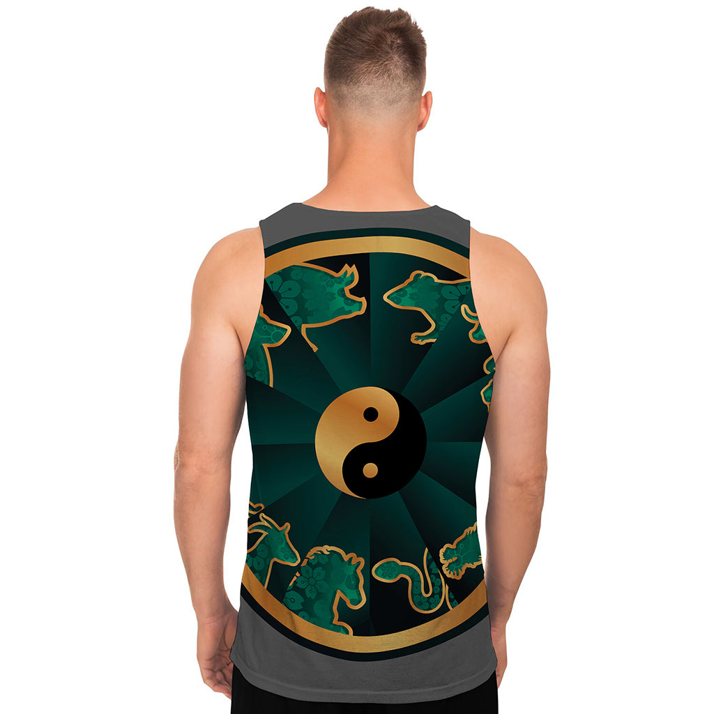 Green And Gold Chinese Zodiac Print Men's Tank Top