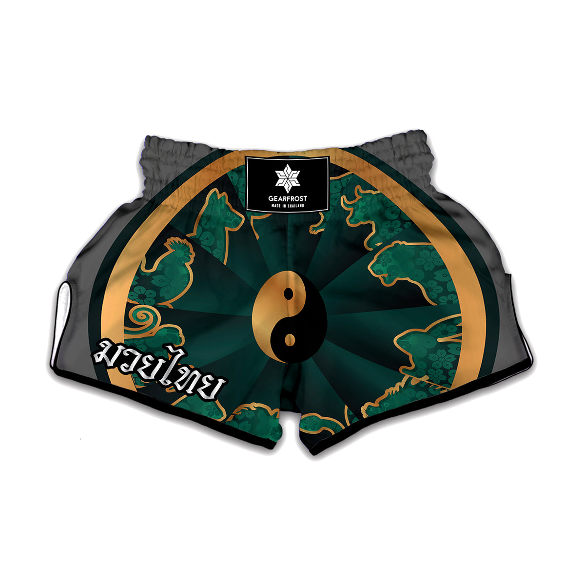 Green And Gold Chinese Zodiac Print Muay Thai Boxing Shorts