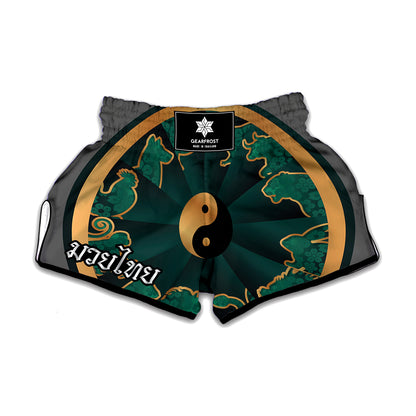 Green And Gold Chinese Zodiac Print Muay Thai Boxing Shorts