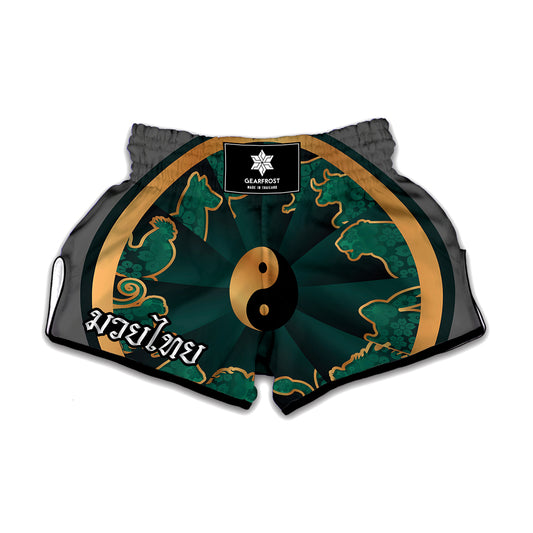 Green And Gold Chinese Zodiac Print Muay Thai Boxing Shorts